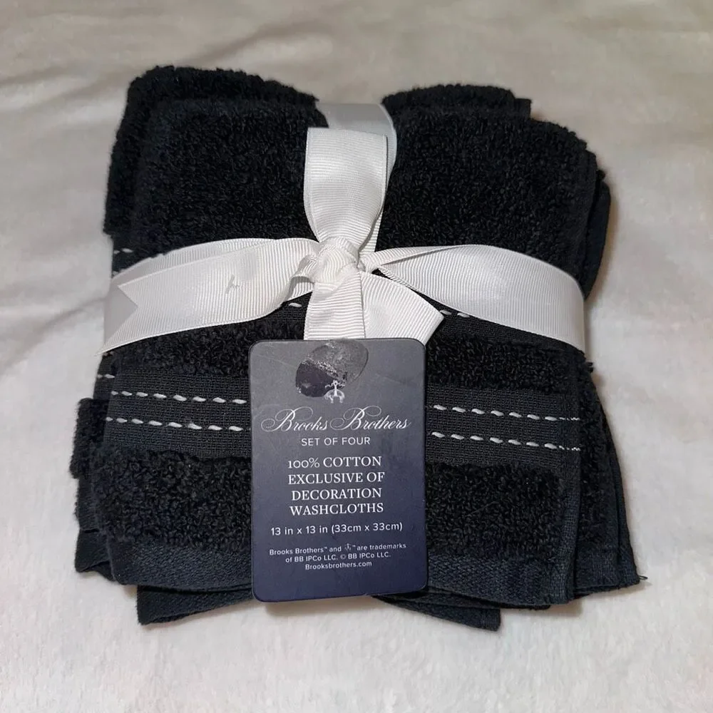 Brooks Brothers Wash Cloths Set of 4 Black with White Stitching 100% Cotton NWT
